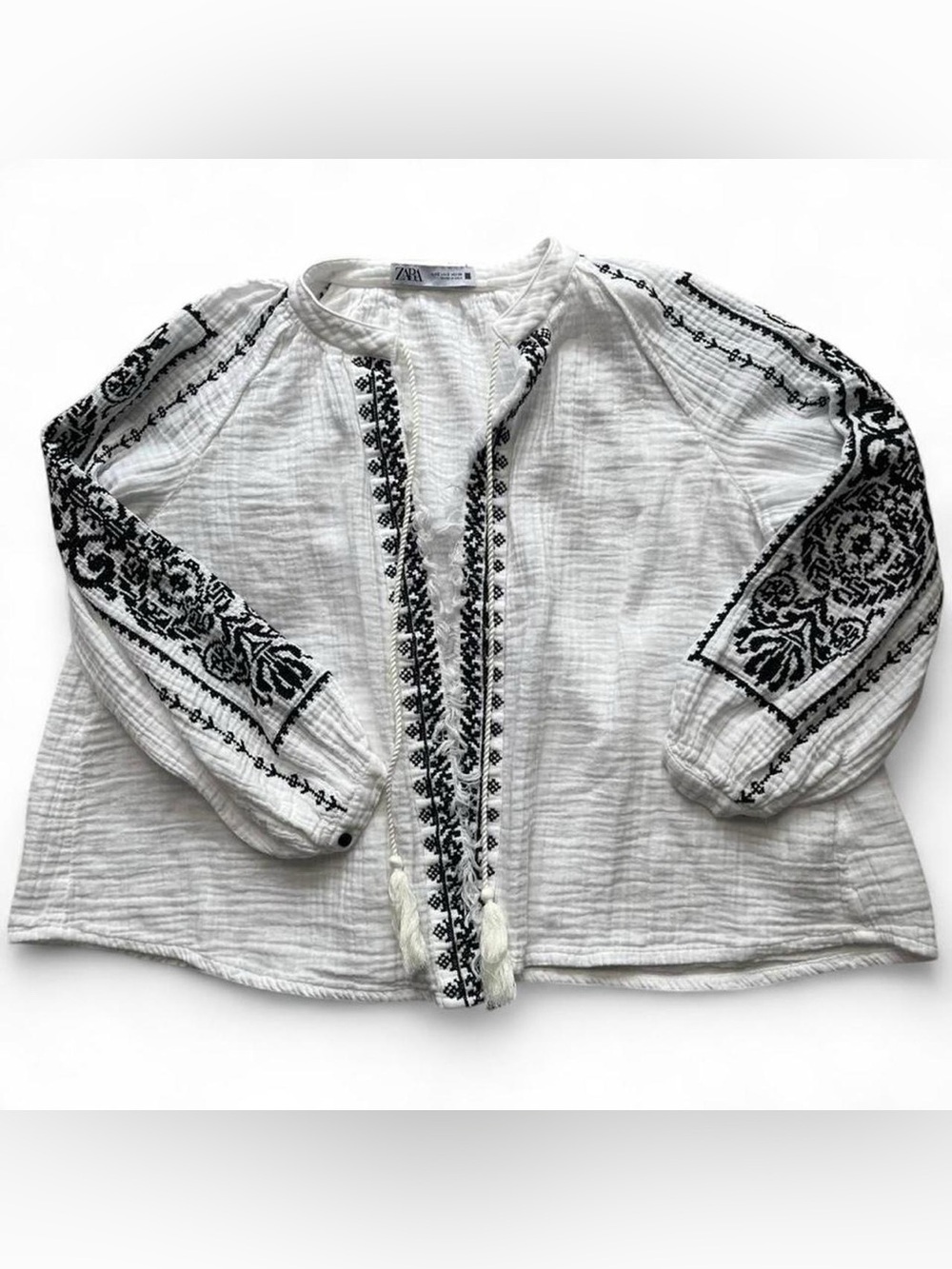 Zara Embroidered Boho Jacket Textured Gauze Tassel Tie Folk Art Festival